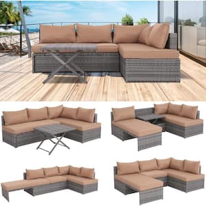 Grey 4-Piece Wicker Patio Furniture Sets Outdoor Sectional Sofa Set Sectional with Brown Cushions and Table