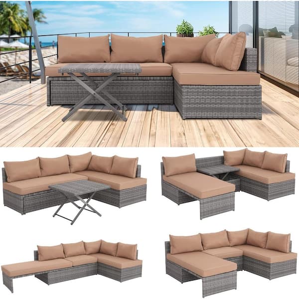 GOOEEN Grey 4-Piece Wicker Patio Furniture Sets Outdoor Sectional Sofa Set Sectional with Brown Cushions and Table