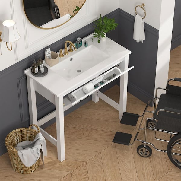 48 in. W Single Sink ADA Freestanding White Bath Vanity with Ceramic Top Unassembled, Wheelchair Accessible