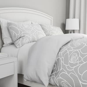 3-Piece Soft Grey With White Rose Print Comforter Set
