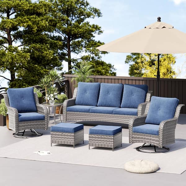 Poteban Light Gray (PE) Rattan Metal Frame 6-Piece Outdoor Conversation Set with Navy Blue Cushions
