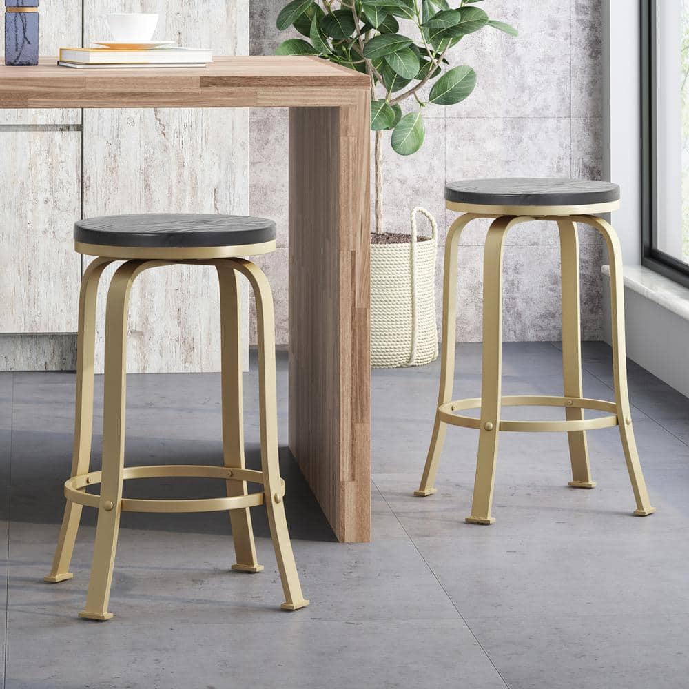 Gold Metal Outdoor Bar Stool with Black Faux Wood Seat, Set of 2