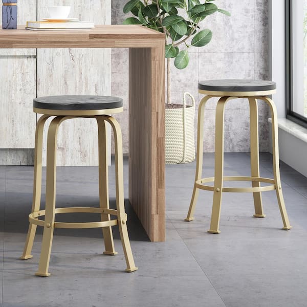 Unbranded Gold Metal Outdoor Bar Stool with Black Faux Wood Seat, Set of 2