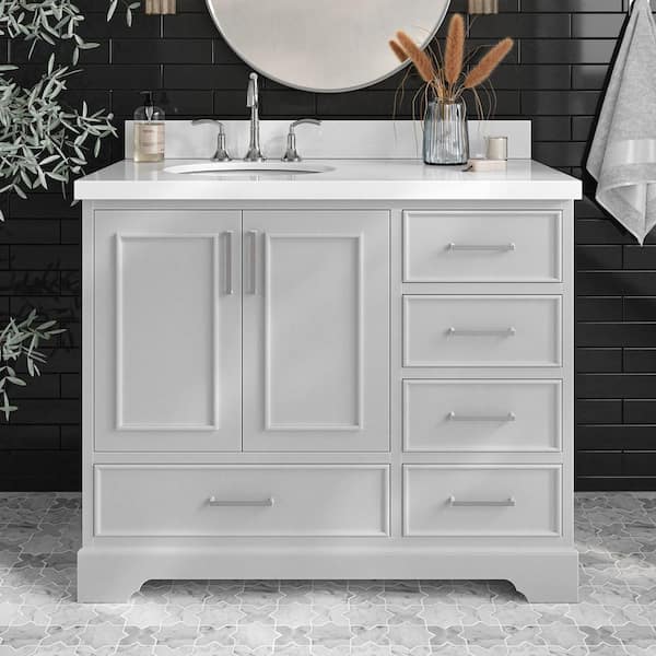 ARIEL Stafford 43 in. W x 22 in. D x 36 in. H Left Single Sink Freestanding Bath Vanity in Grey with Pure White Quartz Top