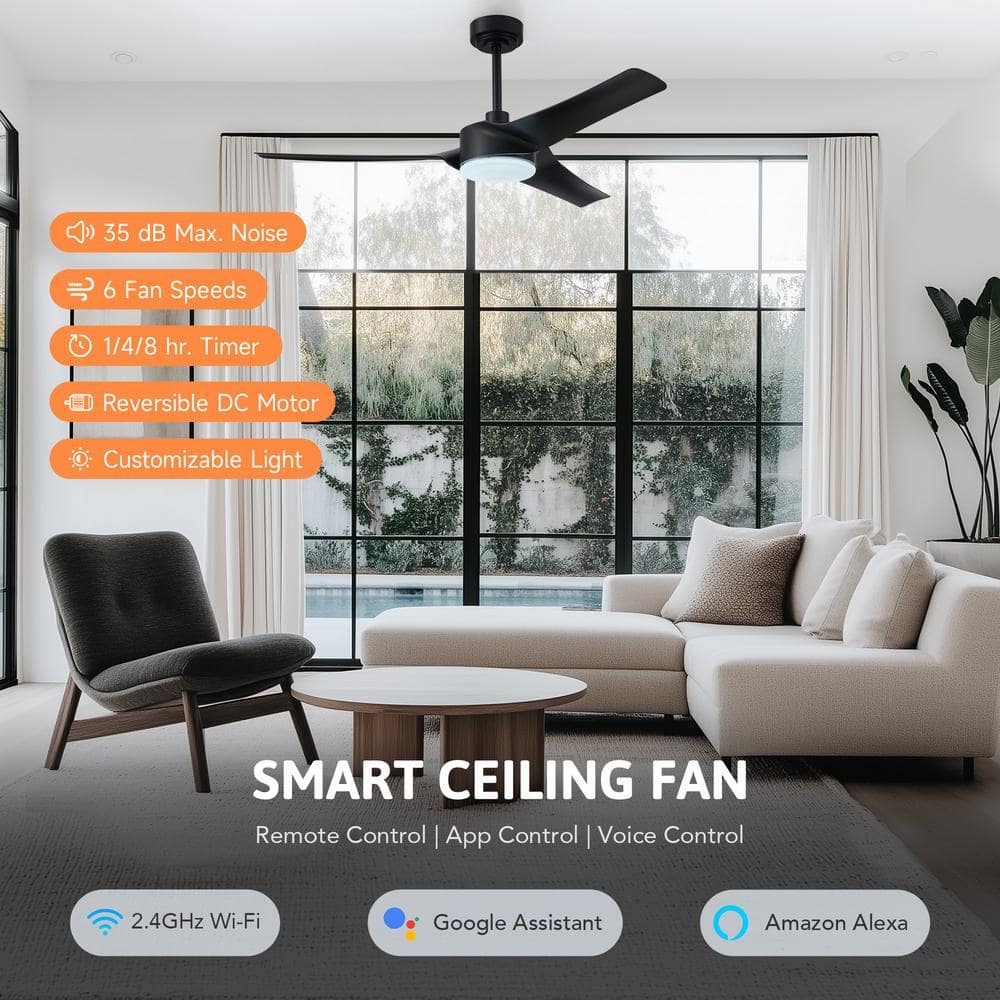 52" Black Matte Smart Ceiling Fan with Dimmable LED Light and Remote