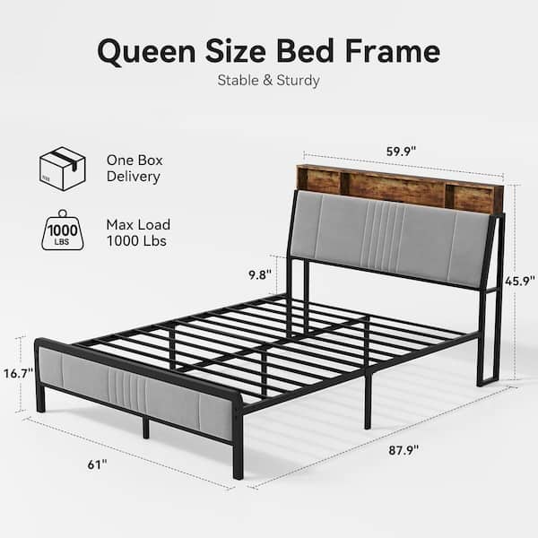 Full Size Bed Frame, Platform Bed Frame Full with Headboard, Charging Station and Led Lights, No Box Spring Needed, Gray
