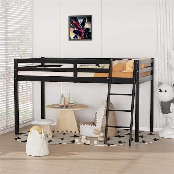 Black Wood Twin Size Junior Low Loft Bed with Stairs for Adults, Kids and Young Teens