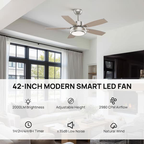 42 in. Indoor Nickel Downrod Mount Ceiling Fan with Integrated LED with Remote Control Included