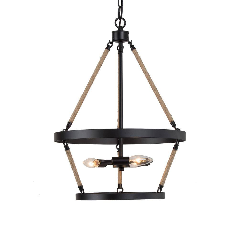 Farmhouse 3-Light Black Cage Chandelier for Foyer, Entryway with Ropes ...