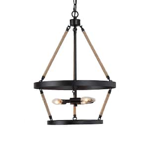 Farmhouse 3-Light Black Cage Chandelier for Foyer, Entryway with Ropes Accents