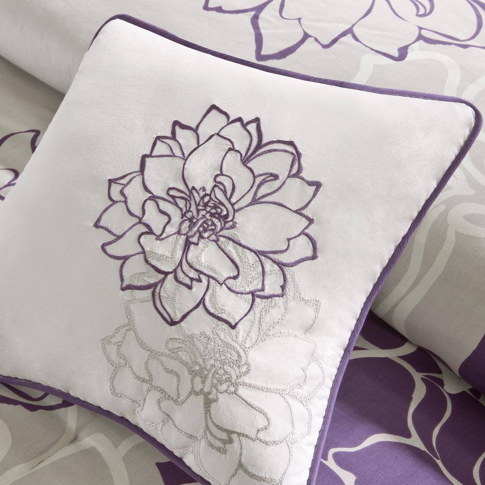 Twin Gray and Purple Floral Cotton Comforter Set