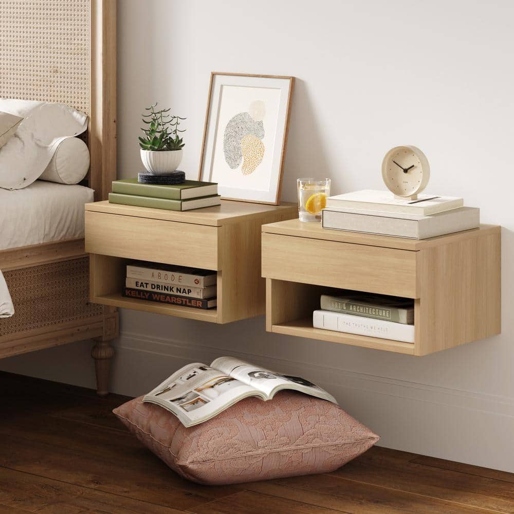 Light Oak Floating Nightstand with Drawer and Open Shelf, Set of 2