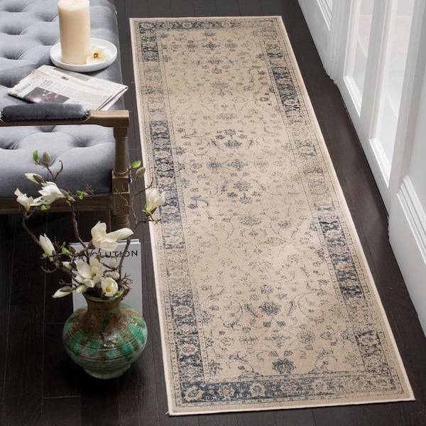 Vintage 2 ft. x 6 ft. Stone/Blue Border Runner Rug