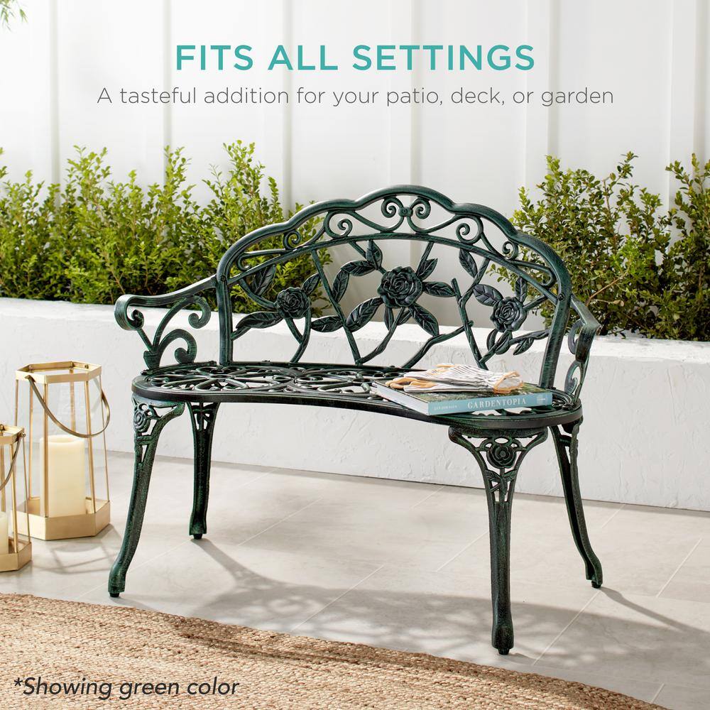 Elegant Antique-Style Rose Accented White Metal Garden Bench