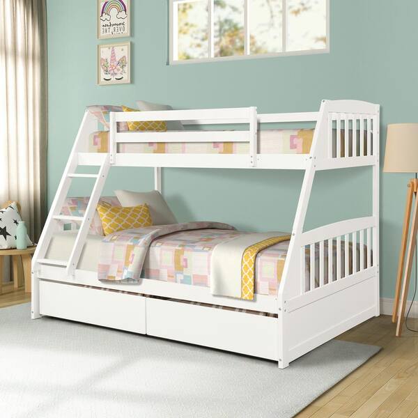 Full Bunk Bed With 2 Storage Drawers, Twin Over Full Bunk Bed With Stairs Solid Wood