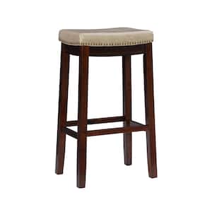 Concord 32 in. Brown Backless Wood Bar Stool with Beige Faux Leather Seat