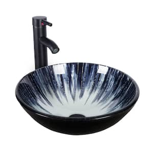16.5 in . Bathroom Sink in Blue Glass Round Vessel Sink with Sparkle Pattern with Black Faucet Pop up Drain Set