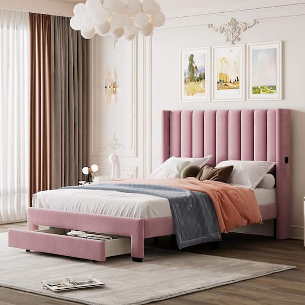 Harper & Bright Designs Pink Wood Frame Velvet Upholstered Full Size Platform Bed with a Big Drawer and 2-Small Pockets
