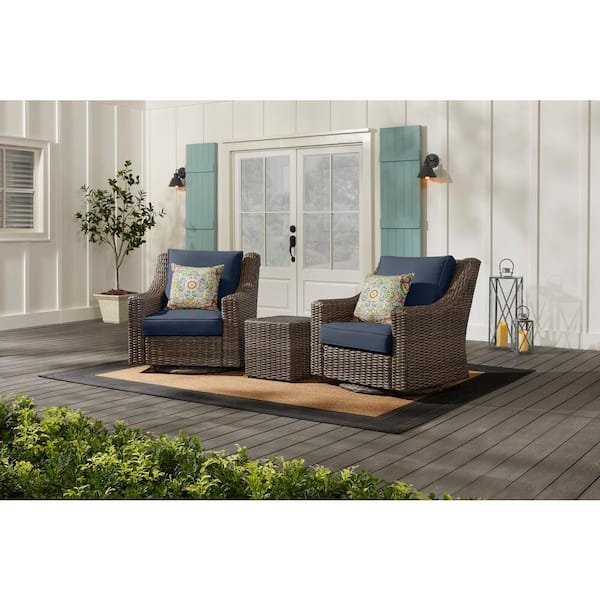 Hampton Bay Rock Cliff Brown 3-Piece Wicker Outdoor Patio Seating Set with CushionGuard Sky Blue Cushions