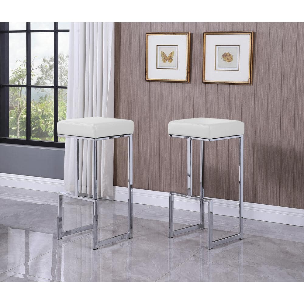 31" White Faux Leather Backless Bar Stools with Silver Frame, Set of 2
