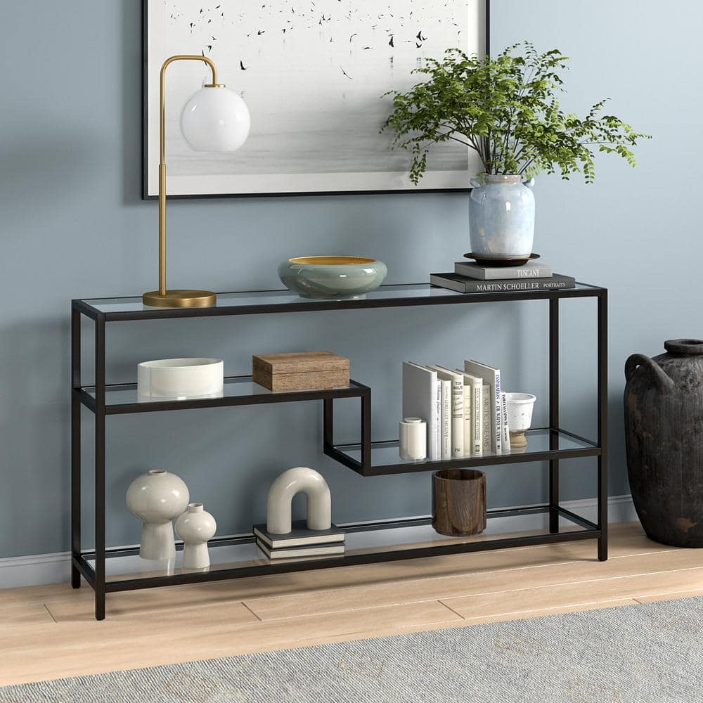 Mathis 55" Blackened Bronze Glass Hallway Table with Storage