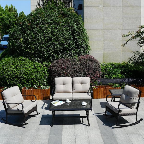 DIRECT WICKER Super 5-Piece Metal Patio Conversation Set with Beige Cushions