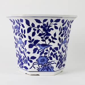 Euro Ceramica ClayBarn Blue and White Aviary Ceramic Garden Planter