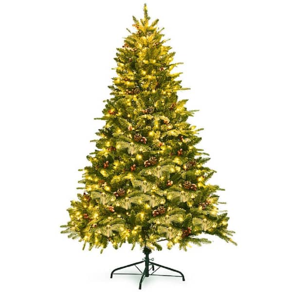 Gymax 6.5 ft. Pre-Lit Pine Snow Flocked Artificial Christmas Tree Decoration Tree with LED Lights