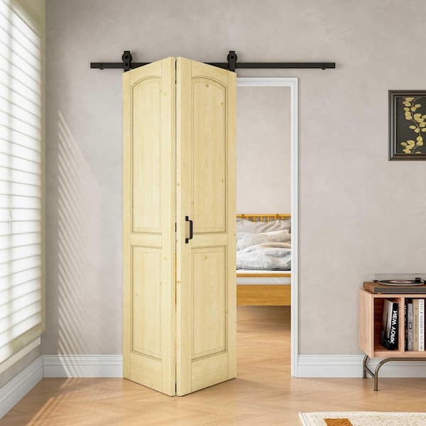 ARK DESIGN 48 in. x 80 in. 2-Lite Panel Arched Unfinished Solid Core Pine Wood Bifold Sliding Barn Door with Hardware Kit