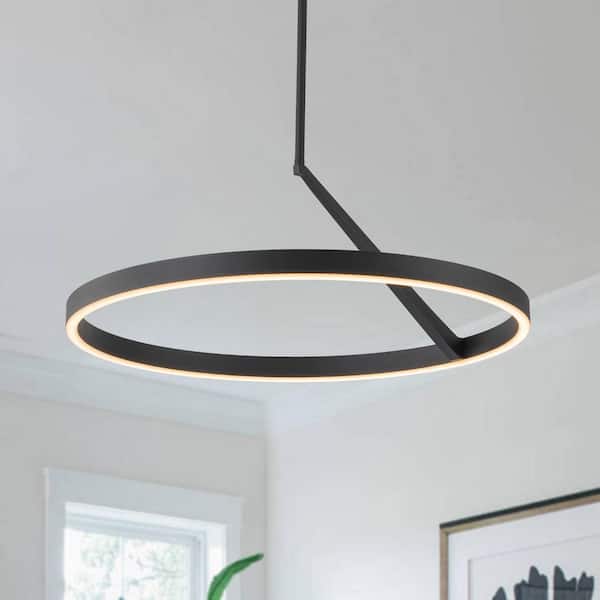 30-Watt 1 light Sandy Black Modern Circular Integrated LED Pendant Light with Open Metal Ring Shade