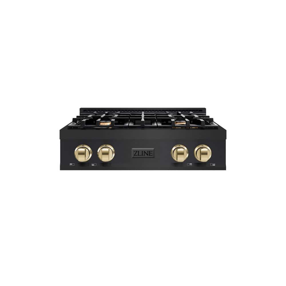 Autograph Edition 30 in. 4 Burner Front Control Gas Cooktop with Polished Gold Knobs in Black Stainless Steel