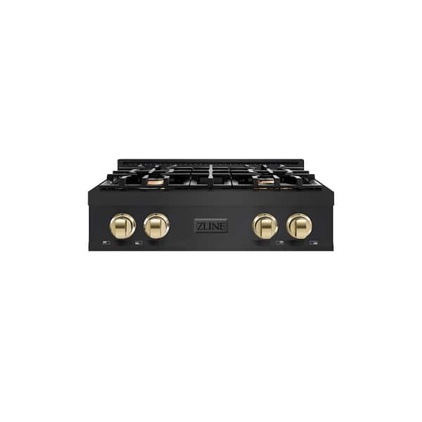 Autograph Edition 30 in. 4 Burner Front Control Gas Cooktop with Polished Gold Knobs in Black Stainless Steel