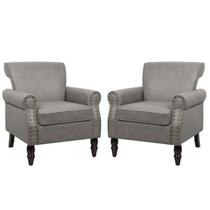 Gray PU Leather Nailhead Trim Upholstered Accent Armchair With Solid Wood Legs(Set of 2)