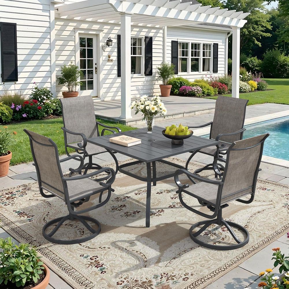5-Piece Metal Outdoor Dining Set with 37.8 in. Gray Square Slat Table and 4 Textilene Swivel Rocking Chairs in Gray price history on PriceWatchPro