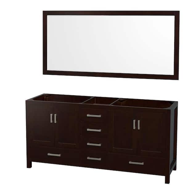 Wyndham Collection Sheffield 70.75 in. W x 21.5 in. D x 34.25 in. H Double Bath Vanity Cabinet without Top in Espresso with 70" Mirror