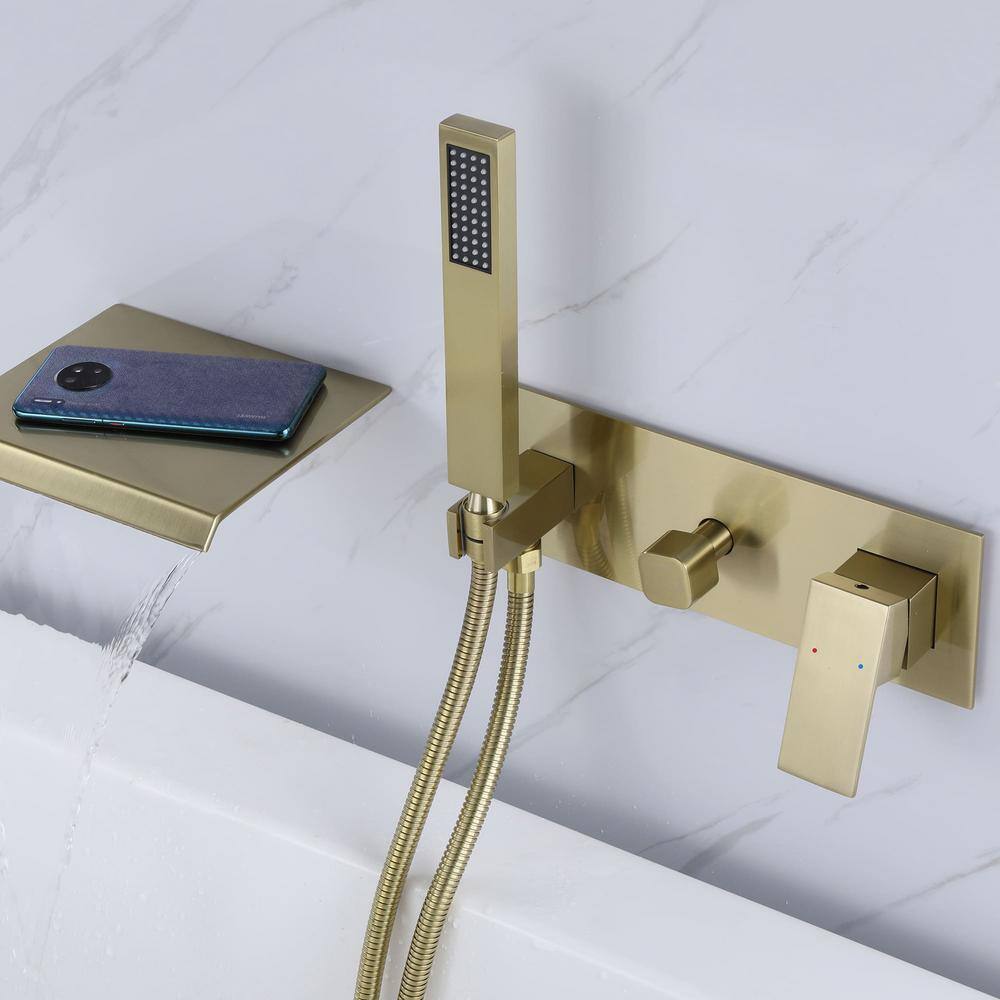 Brushed Gold Wall-Mounted Waterfall Tub Filler with Hand Shower