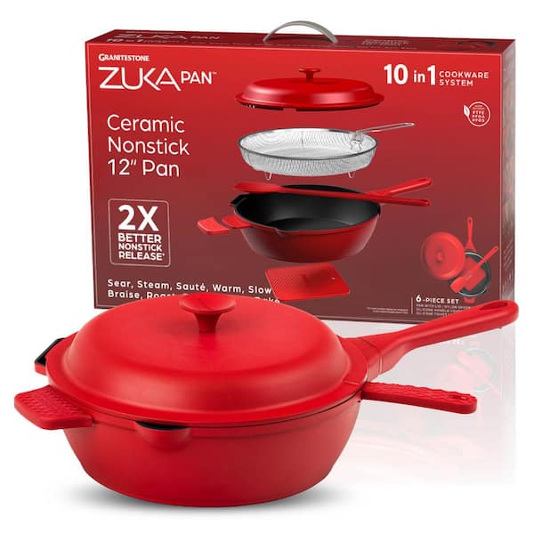 Zuka Everyday Pan 4.25 qt. Ceramic 10 in 1 Nonstick Multi-Functional Saute Pan with Lid, Nylon Spoon, & Steamer Basket