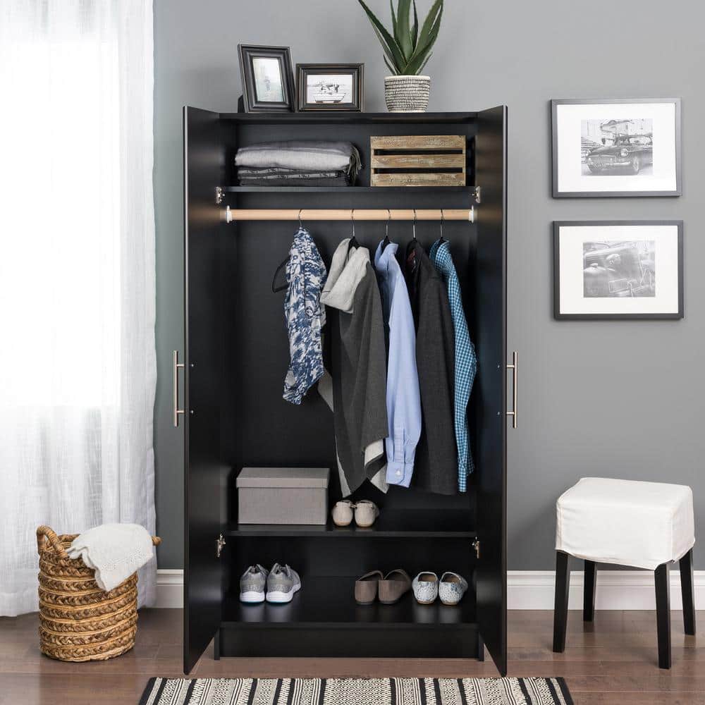 Elite Black 32" Freestanding Wardrobe Cabinet with Hanging Rail