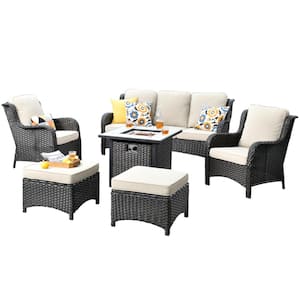 New Kenard Brown 6-Piece Wicker Patio Fire Pit Conversation Seating Set with Beige Cushions