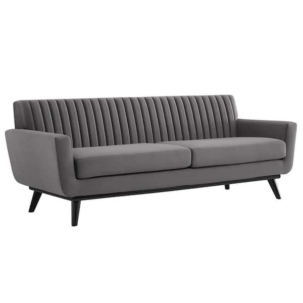 MODWAY Engage 90.5 in. Channel Tufted Performance Velvet Rectangle 3-Seat Modern Straight Sofa in Gray