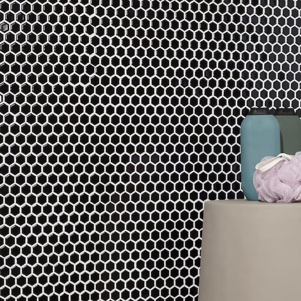 Bliss Hexagon Black 10.03 in. x 11.61 in. Polished Porcelain Floor and Wall Mosaic Tile (0.80 Sq. Ft./Each)
