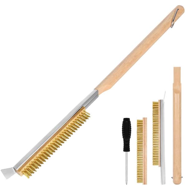High Quality Rubber Wood Handle Pizza Oven Brush with Brass Bristles and Stainless Steel Scraper for BBQ Grill