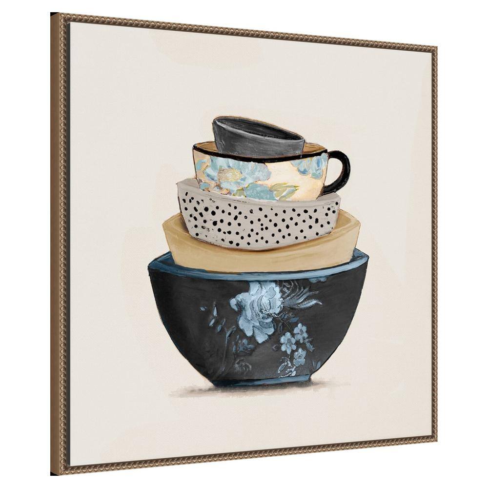 Stacked Blue and Beige Bowls Framed Canvas Wall Art
