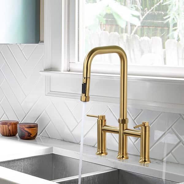 3 Holes Double Handle Bridge Kitchen Faucet with Pull Down Sprayer and Supply Lines in Brushed Gold