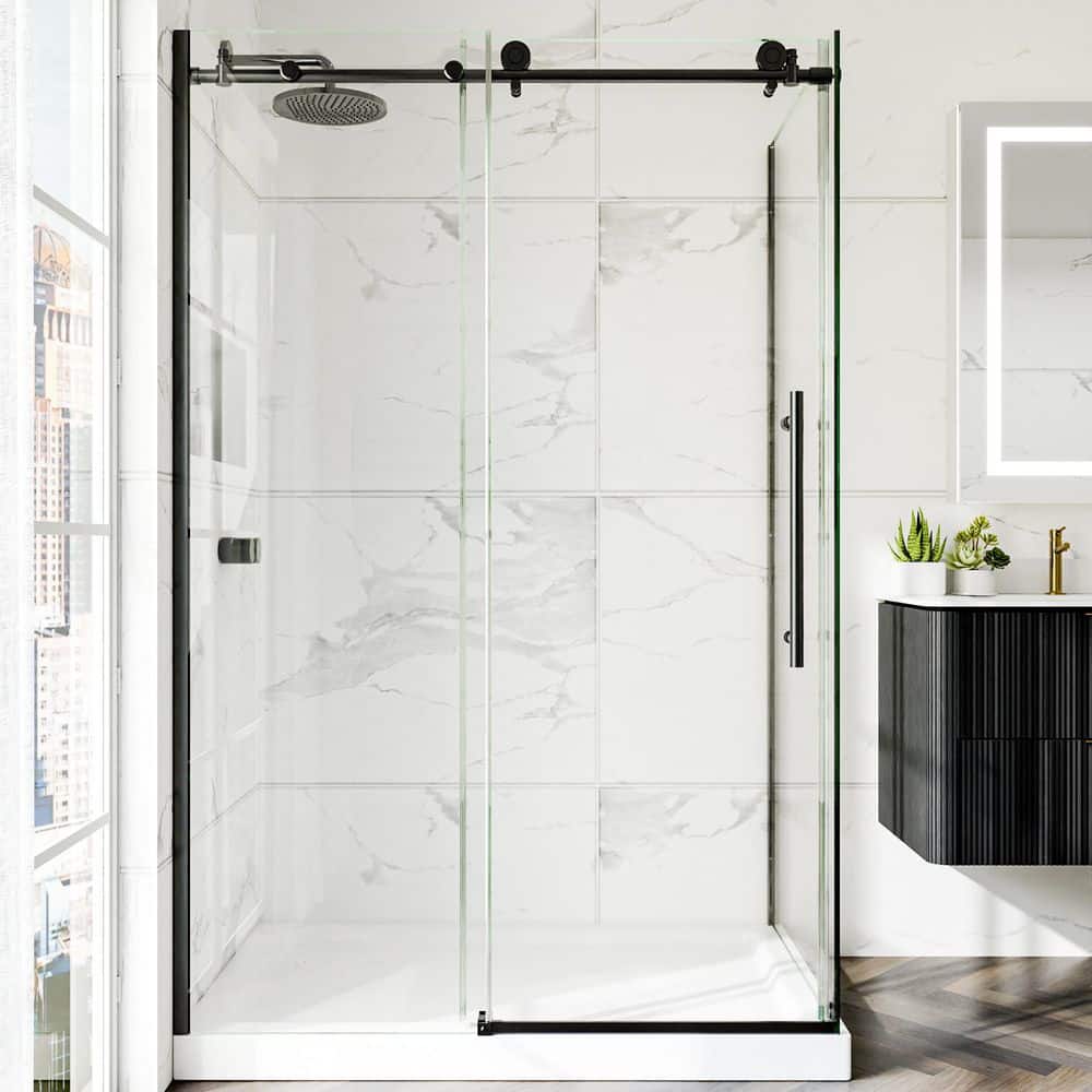 44-48 in. W x 34 in. x 72 in. H Frameless Corner Shower Enclosure in Matte Black with with 5/16 in. Clear Glass price history on PriceWatchPro