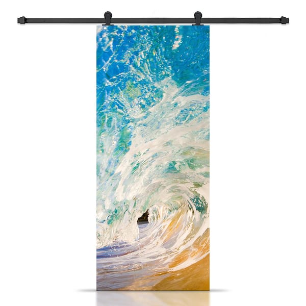CALHOME 24 in. x 84 in. Artisan Print Series Ocean Wave MDF Modern Interior Sliding Barn Door with Hardware Kit