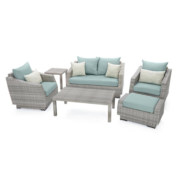 RST BRANDS Cannes 6-Piece Wicker Patio Conversation Set with Sunbrella Spa Blue Cushions