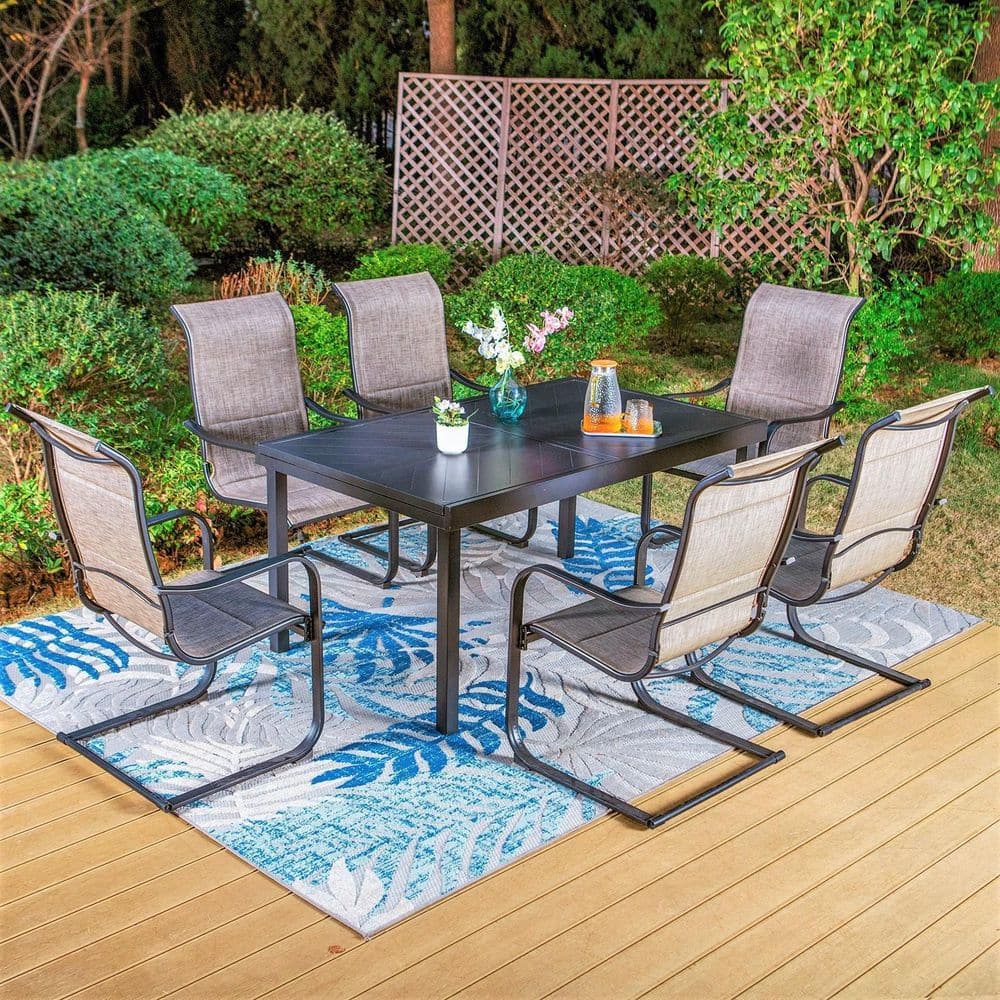 PHI VILLA Black 7-Piece Metal Outdoor Patio Dining Set with Geometric ...