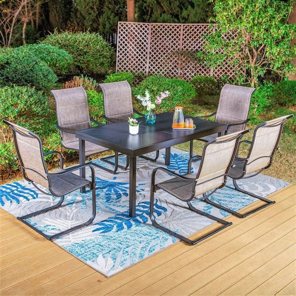 PHI VILLA Black 7-Piece Metal Outdoor Patio Dining Set with Geometric Extendable Table and High Back C-Spring Textilene Chairs