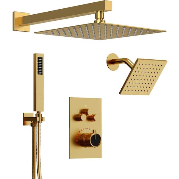 Zenith Rain 7-Spray 12, 6 in.Dual Wall Mount Shower Head and Handheld Shower Head 2.5 GPM in Brushed Gold Valve Included